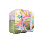 "A picture of a cute, large stowaway bag with a trippy design of a pink mushroom on an green grassland with a pink, yellow, and orange rainbow and turquoise, pink, and periwinkle daises scattered about, with periwinkle handle straps and a small zipper pouch on front right side of bag.