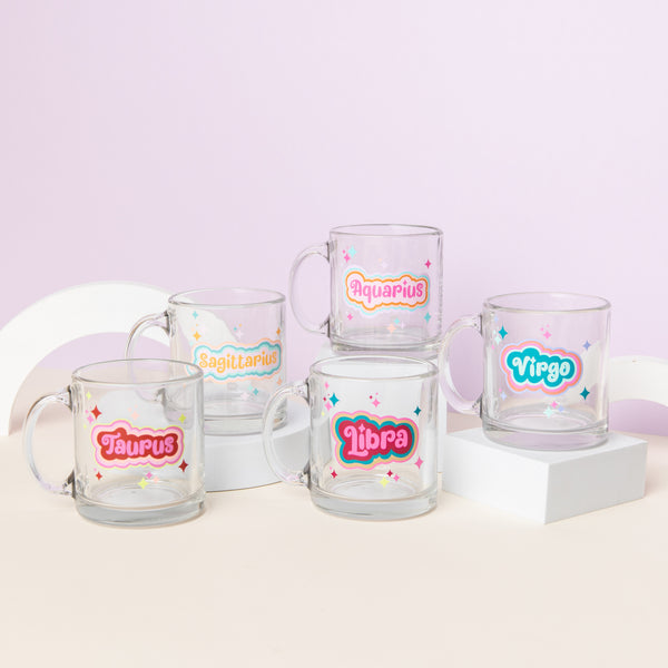 Astrology Clear Glass Mugs on pedestal - Taurus, Sagittarius, Aquarius, Libra and Virgo