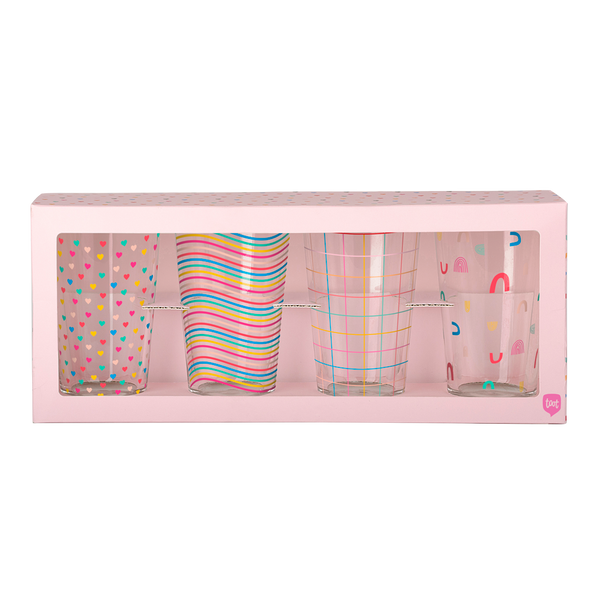 Set of 4 pint glasses with rainbow print designs in pink box packaging.