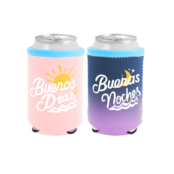 Buenos Dias Reversible Can Cooler is a cute can holder with pink Buenos Dias on one and purple Buenas Noches on the other. 