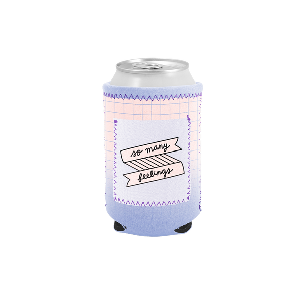 So Many Feelings Can Cooler with Pocket has a purple and pink grid background with a pocket.