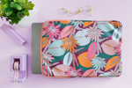 Multicolored jewel tones laptop sleeve with floral design.