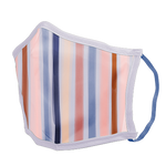 A lightly striped facemask with pink, purple, navy, tan and light pink. 