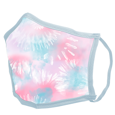 A tie dies pink, purple and blue facemask. 