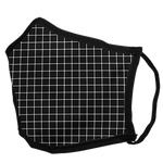 A black and white grid face mask on a plain background. 