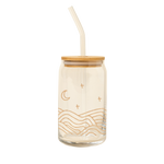 Can glass with glass straw and bamboo lid with a wrap around image in gold of hills and moon and stars