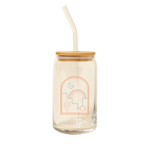 A 16 oz can glass with glass straw; "Desert Nights" illustration is printed on the front.
