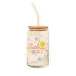 A 16 oz can glass with a glass straw; "fuck off" is printed on the front in a coral font. Multi-colored flowers and sparkle-stars surround the text.