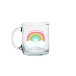 a cute glass mug with a rainbow that says fuck mornings 