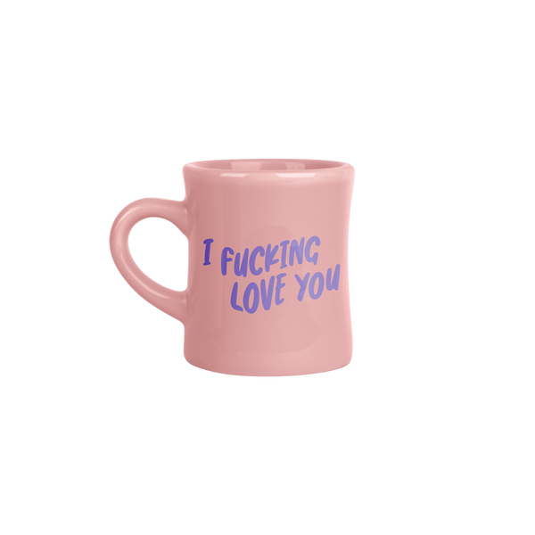 Pink ceramic diner mug with I fucking love you imprint in purple