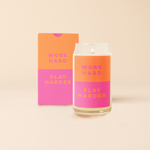 Orange and pink decal on a 16 oz can glass that reads "WORK HARD, PLAY HARDER"