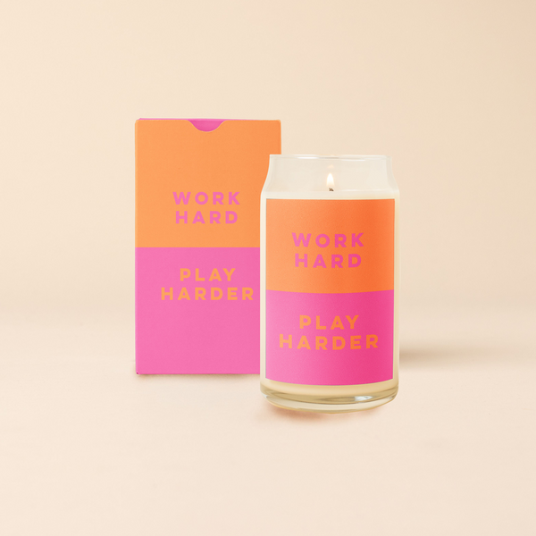 Orange and pink decal on a 16 oz can glass that reads "WORK HARD, PLAY HARDER"