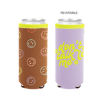 Two slim can koozies designed to fit tall beverage cans. The left koozie is brown with a pattern of pastel smiley faces outlined in yellow, pink, and blue. The right koozie is lavender with bright yellow text that reads "don't talk to me" in a playful, handwritten font. Both have neon yellow stitching along the top edge and are shown standing upright with silver cans inside.