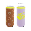 Two slim can koozies designed to fit tall beverage cans. The left koozie is brown with a pattern of pastel smiley faces outlined in yellow, pink, and blue. The right koozie is lavender with bright yellow text that reads 