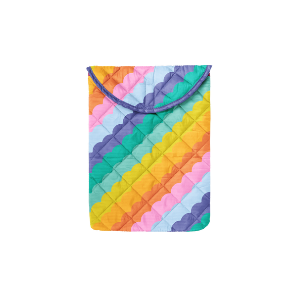 Foldover puffy laptop sleeve with waves, multi color blue, pink, green, orange, and yellow.