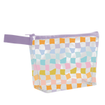 Pastel checkered pouch with a lavender zipper and handle.