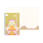 A picture of the interior design of 2 lined notebook pages, footer bordered with colorful trippy design of mushrooms, rainbows, and abstract flowers in muted pink, light green, and light blue. And the front cover of a trippy-inspired design notebook, with an orange mushroom and a pink and green UFO raising mini orange cows into it. 