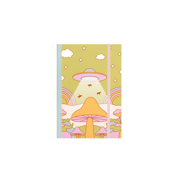 A picture of the front cover of a trippy-inspired design notebook, with an orange mushroom and a pink and green UFO raising mini orange cows into it. 