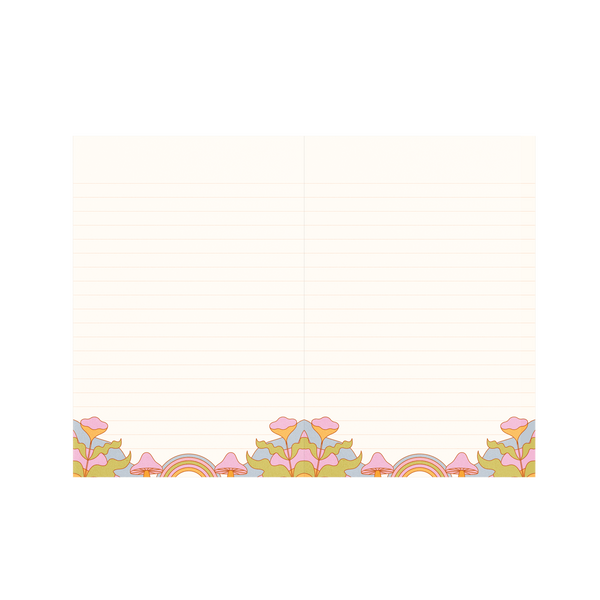 A picture of the interior design of 2 lined notebook pages, footer bordered with colorful trippy design of mushrooms, rainbows, and abstract flowers in muted pink, light green, and light blue.