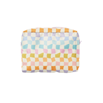 A super durable cute, colorful bag with a zipper on top that goes down about 1/4 of the side of the bag, made of recycled water bottles that can be used in a multitude of different ways, with a rainbow effect on checkerboard pattern with a white background.