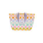 Clear vinyl tote bag featuring a vibrant, wavy checkerboard pattern in pastel and bold colors like orange, lavender, mint, and pink. The bag has sturdy lavender webbing handles and a transparent body, offering a playful yet practical design ideal for daily carry or beach outings.
