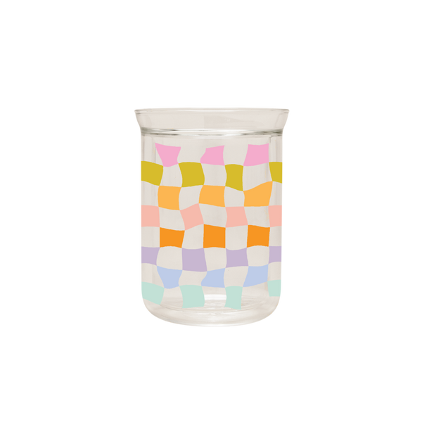 Carnival Checker glass tumbler with pink, green, orange, peach, purple, and blue in a funky checker pattern.