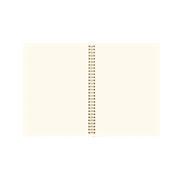 This image shows the open interior pages of a spiral-bound bullet journal. The pages are ivory-colored with a light dot grid layout, making them ideal for bullet journaling, sketching, habit tracking, or creative planning. The notebook is bound with a gold metal spiral, allowing it to lay flat for easy writing. The aesthetic is minimal and clean, perfect for customizable layouts. There's no pre-printed text or decoration, offering a fully blank canvas for users to personalize.