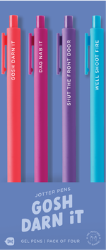 4 Toot Jotter pens in their blue Gosh Darn It toot packaging. Neon Coral jotter says "GOSH DARN IT", Pink jotter says "DAG NAB IT", Purple jotter says "SHUT THE FRONT DOOR", bright blue jotters says "WELL SHOOT FIRE"
