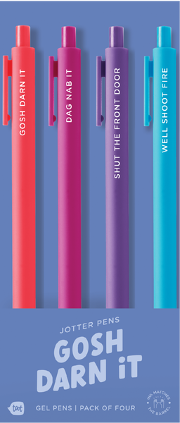 4 Toot Jotter pens in their blue Gosh Darn It toot packaging. Neon Coral jotter says "GOSH DARN IT", Pink jotter says "DAG NAB IT", Purple jotter says "SHUT THE FRONT DOOR", bright blue jotters says "WELL SHOOT FIRE"