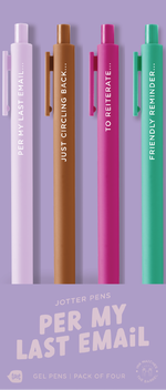 4 Toot Jotter pens in their purple Per My Last Email toot packaging. Lilac jotter says "PER MY LAST EMAIL...", Sienna jotter says "JUST CIRCLING BACK...", Pink jotter says "TO REITERATE...", Teal jotters says "FRIENDLY REMINDER..." 