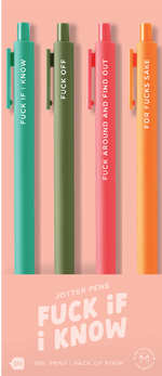 4 Toot Jotter pens in their peach toot packaging. Teal jotter says "FUCK IF I KNOW", Olive jotter says "FUCK OFF", neon coral jotter says "FUCK AROUND AND FIND OUT", orange jotters says "FOR FUCK'S SAKE"