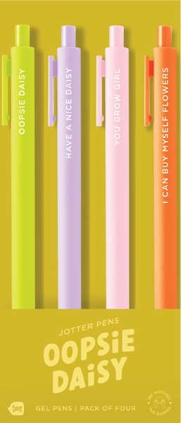 4 Toot Jotter pens in their Oopsie Daisy citron toot packaging. Citron jotter says "OOPSIE DAISY", Lilac jotter says "HAVE A NICE DAISY", blush jotter says "YOU GROW GIRL", orange jotters says "I CAN BUY MYSELF FLOWERS"