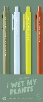 4 Toot Jotter pens in their green I Wet My Plants toot packaging. Olive jotter says "I like big plants and i cannot lie", Powder jotter says "I wet my plants", Citron jotter says "I'd propagate that", sienna jotter says "what the succulent"