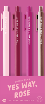 4 Toot Jotter pens in their pink Yes Way Rose toot packaging. Blush jotter says "YES WAY, ROSE", Sangria jotter says "YOU HAD ME AT MERLOT", pink jotter says "JUST WAIT A PROSECCO", rose gold jotters says "CHAMPAGNE PROBLEMS"