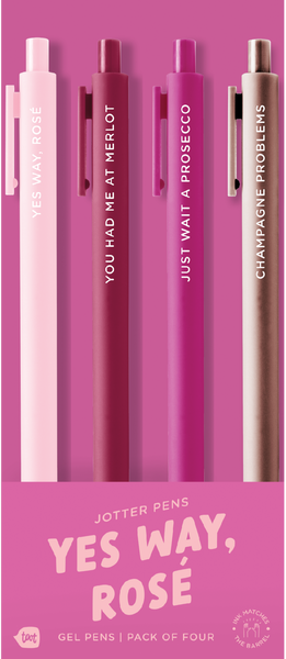 4 Toot Jotter pens in their pink Yes Way Rose toot packaging. Blush jotter says "YES WAY, ROSE", Sangria jotter says "YOU HAD ME AT MERLOT", pink jotter says "JUST WAIT A PROSECCO", rose gold jotters says "CHAMPAGNE PROBLEMS"