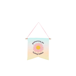 large canvas hanging wall art in ombre background with pink daisy smiley face with saying good morning you fucking badass