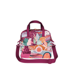 Bag large enough to fit roller skates and more with a collage pattern featuring flowers, speckles, and phrases such as "do the thing," "do the work," "you've got whatever it is," and "the sun always rises." The straps are sangria colored, and the bag features many colors such as sangria, tan, teal, mint, olive, and others.