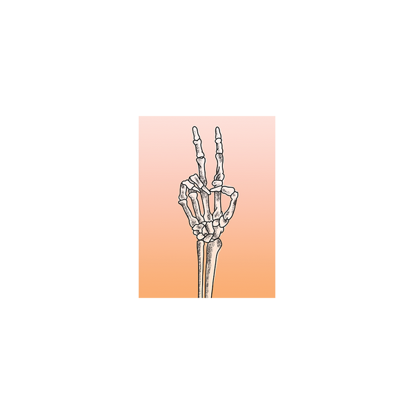 ombre coral pink to purple 5x7 poster with skeleton peace sign in the middle.