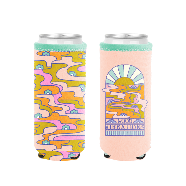Reversible Slim Can Holder - Good Vibrations / psych flower designs pink, green, and blue.